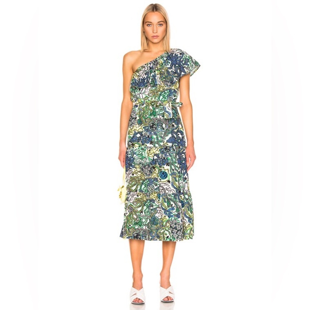A.L.C. Janelle Ruffled One-Shoulder Dress Cotton Silk Green Multi‎ size large